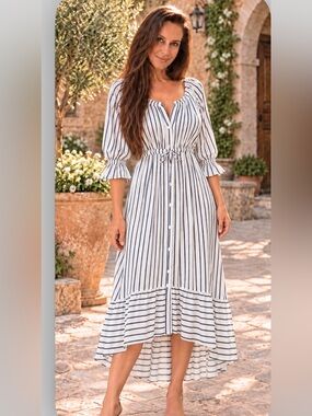 NWT Indigo Soul White Navy Striped Button Front High Low Midi Dress L